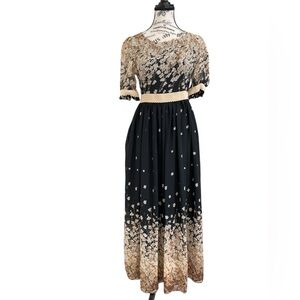 Luomeidisha Floral Chiffon Maxi Dress Black Beige Empire Waist Ribbon Sheer S